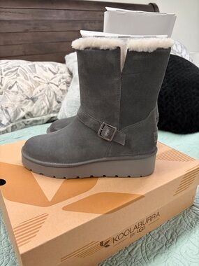Koolaburra Gray Suede Shearling-Trim Mid-Calf Boot